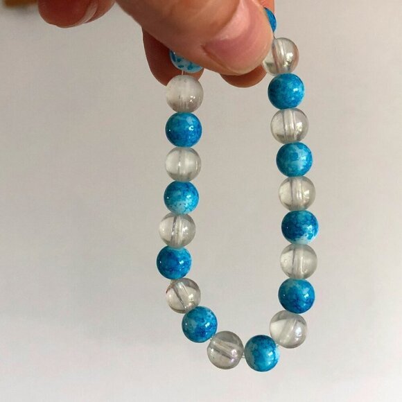 Handmade Glass Bracelets Round Flower Beads Blue Clear Pink Brown, 5.75 to 6.5'' - Picture 3 of 16